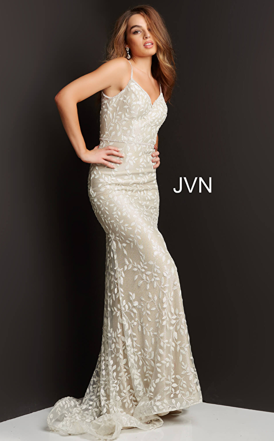JVN06472 Champagne Embroidered Lace V Neck Prom Dress